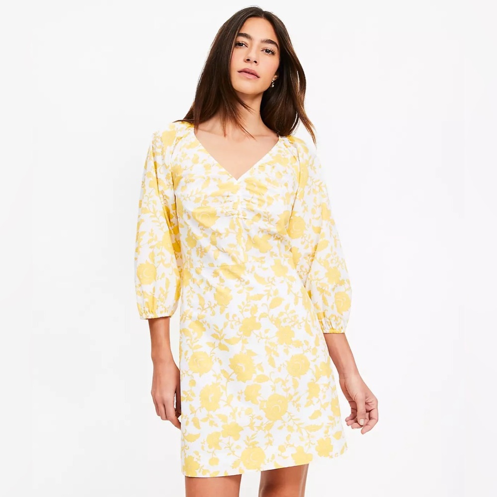 LOFT White Dress with Yellow Floral Print and puff  sleeves A-line skirt